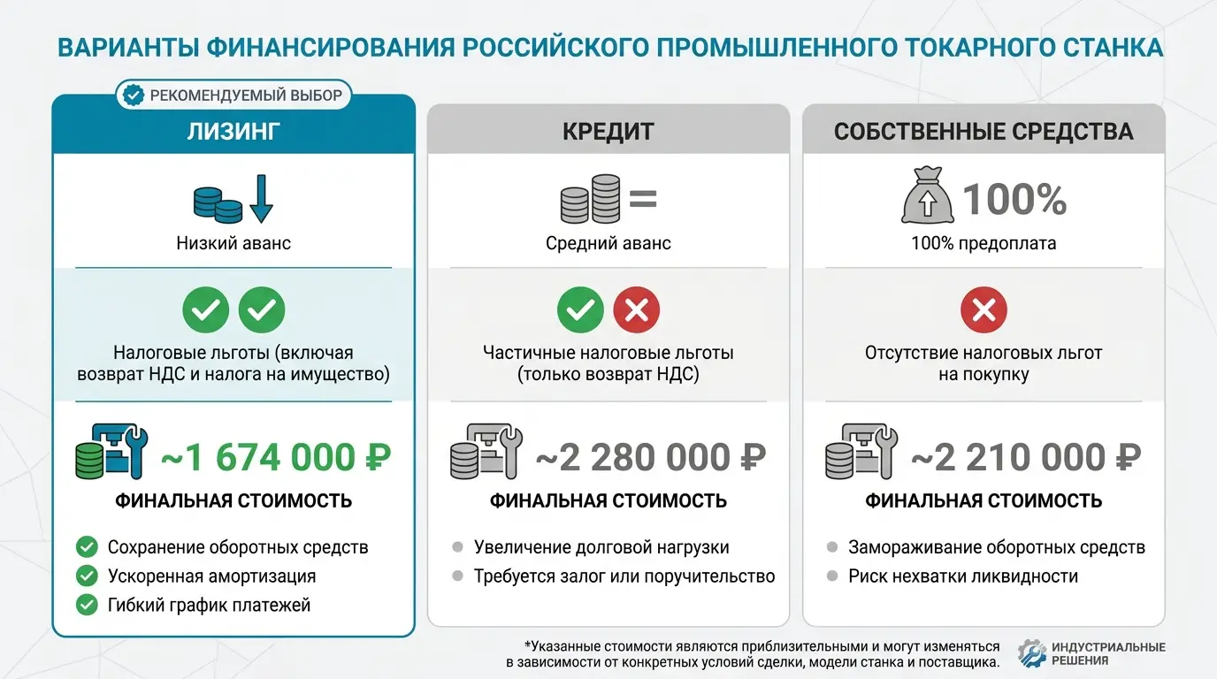 Сравнение лизинга, кредита и покупки за собственные средства для токарного станка CA6150