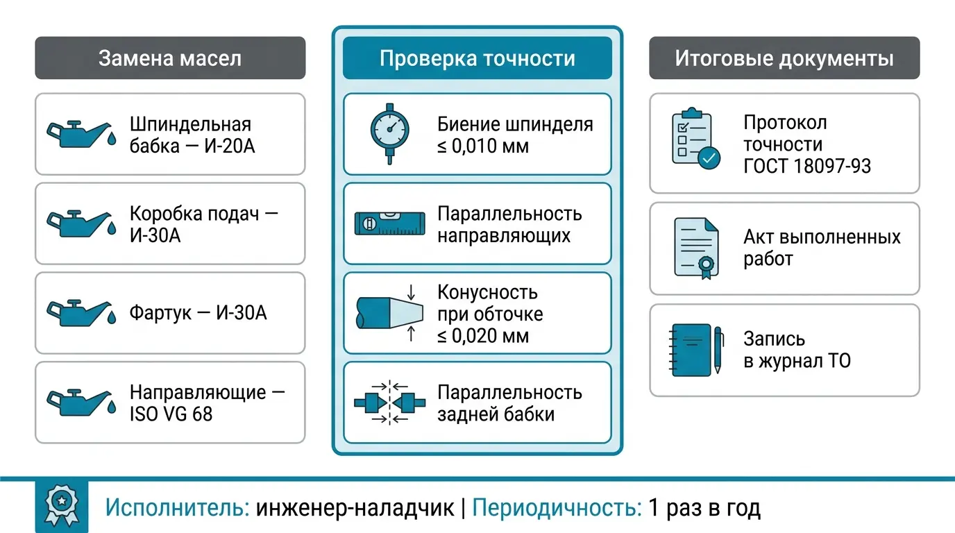 Годовое техническое обслуживание токарного станка — замена масел, проверка точности по ГОСТ 18097-93, ревизия узлов
