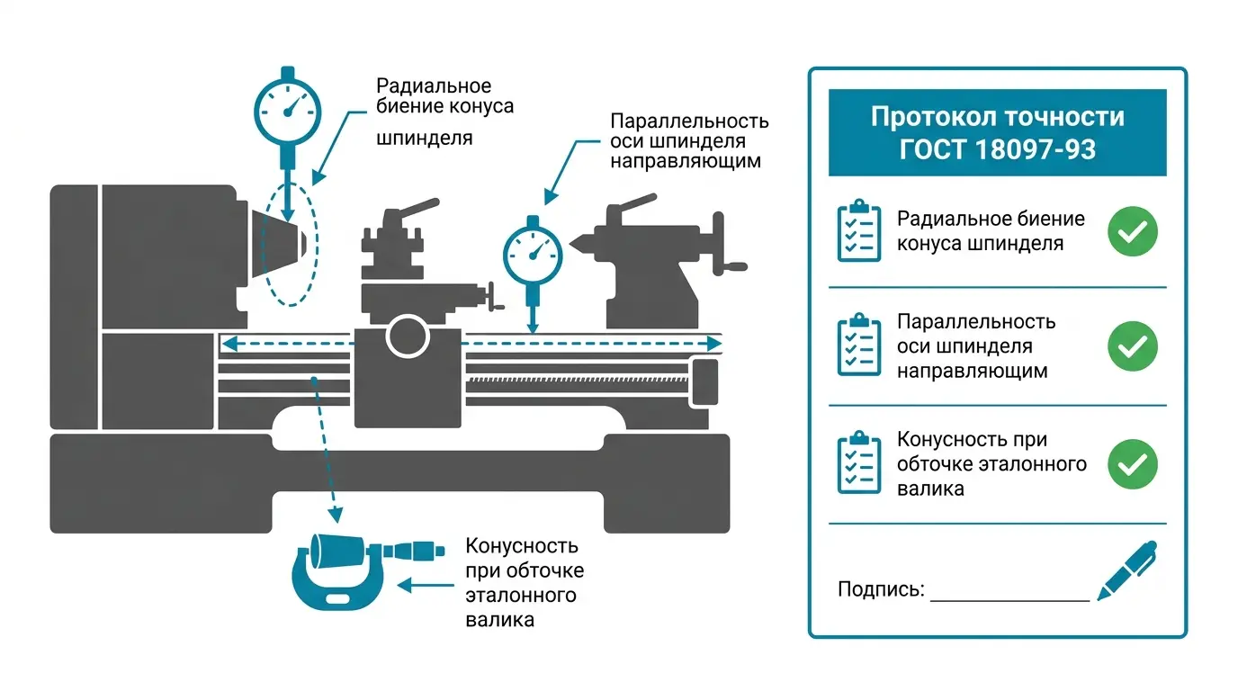 Проверка точности токарного станка по ГОСТ 18097-93 — индикатор, контрольный валик, отклонения