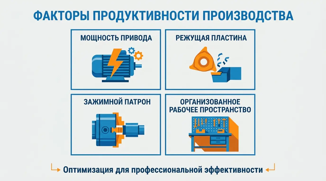 Факторы влияния на производительность токарного станка: мощность привода, инструмент, оснастка, организация Факторы влияния на производительность токарного станка — мощность привода, инструмент, оснастка, организация