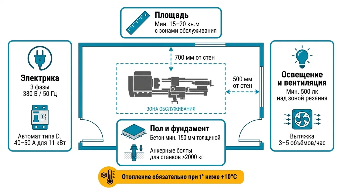 Требования к помещению для установки токарного станка: фундамент, электрика, освещение, площадь